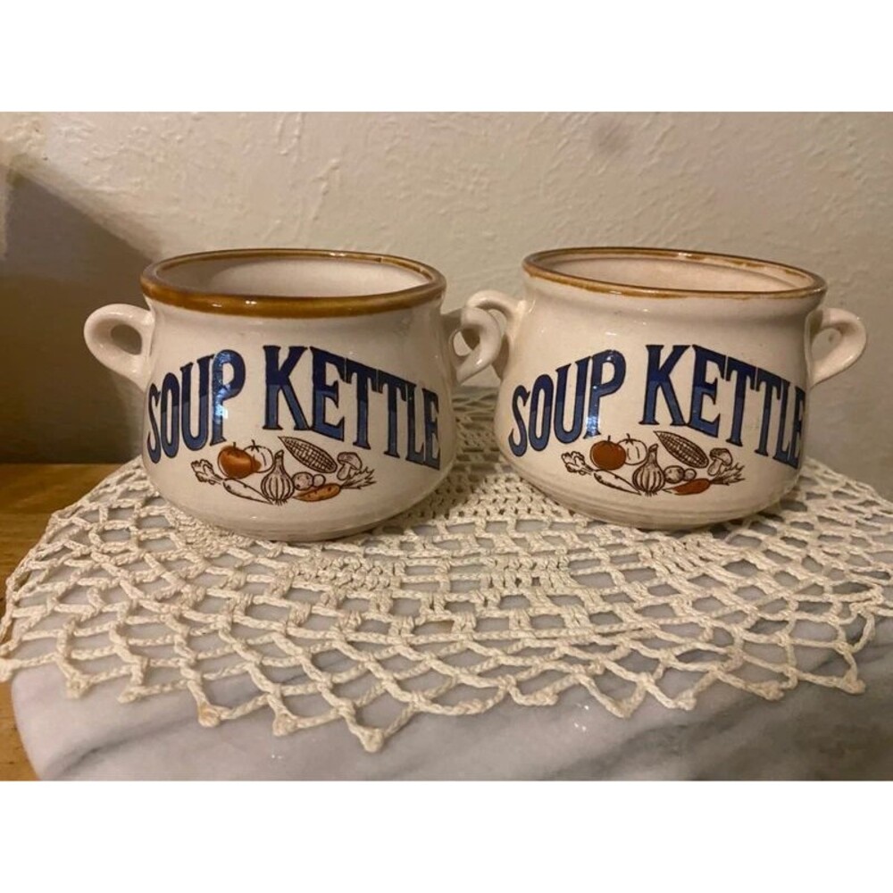 Vintage 1970s Ceramic Double Handle Soup Kettle Mugs - Set of 2